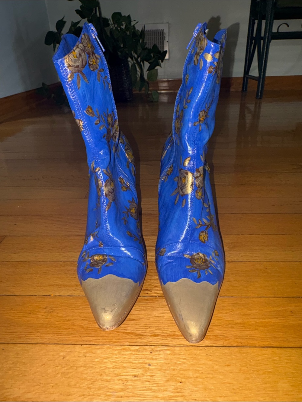 Blue Floral Pointed-Toe Heeled Ankle Boots with Gold Accents